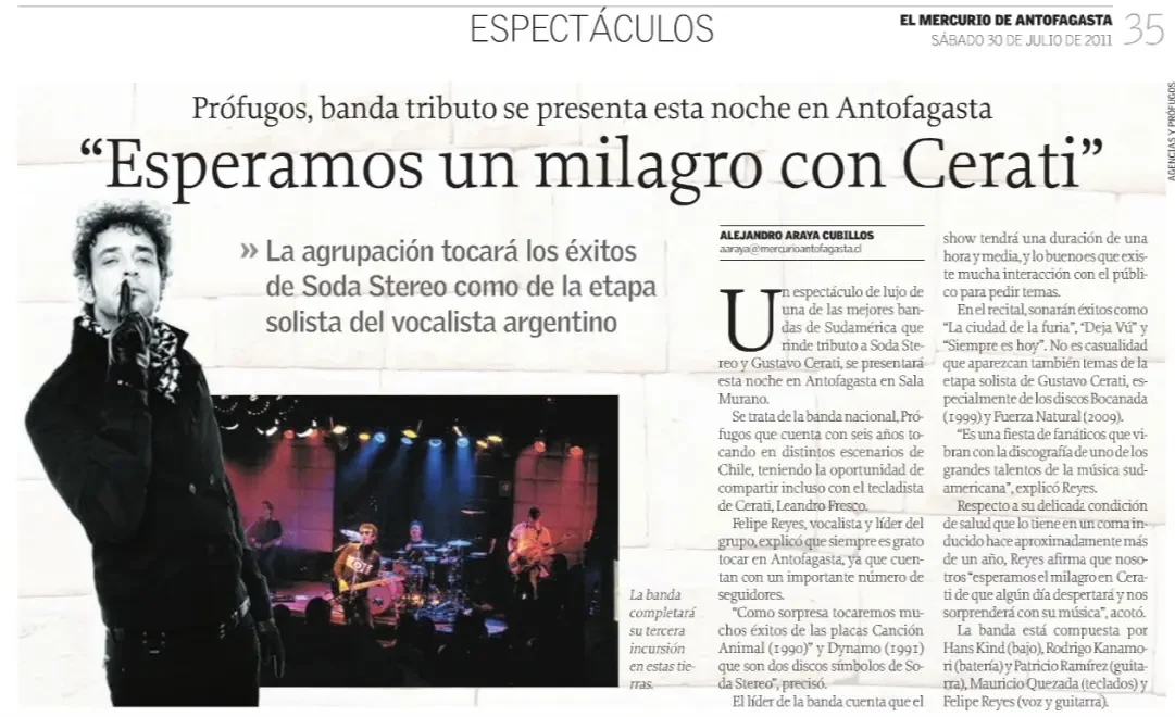 Recorte de El Mercurio de Antofagasta sobre PROFUGOS, 30 de julio de 2011