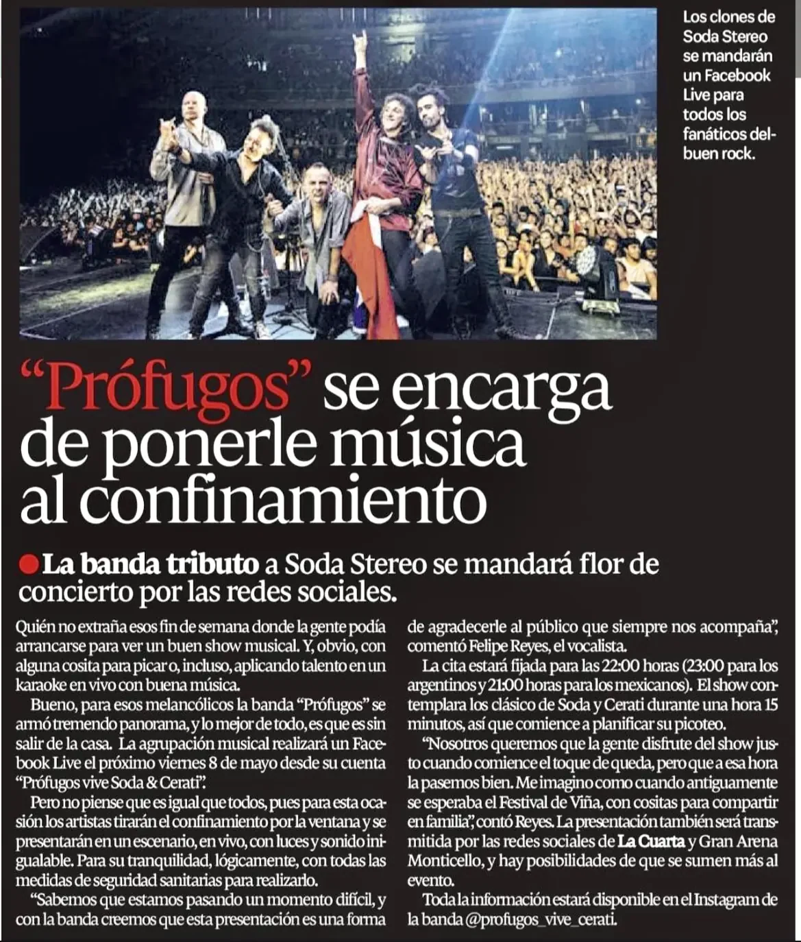 Recorte de La Cuarta sobre el concierto en línea de PROFUGOS durante el confinamiento