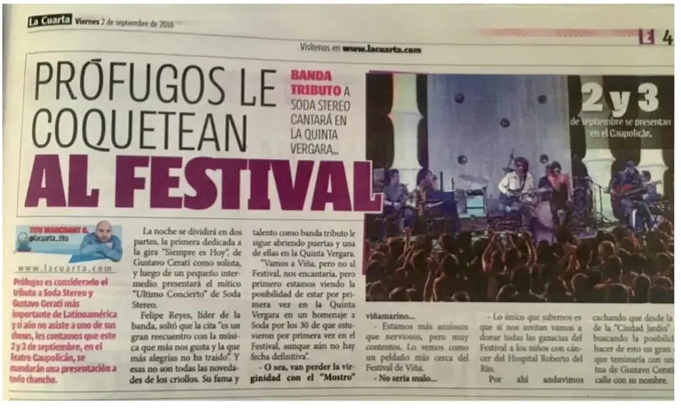 Recorte de La Cuarta sobre PROFUGOS y su presentación en la Quinta Vergara