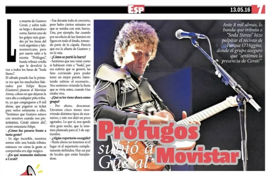 Recorte de prensa sobre la presentación de PROFUGOS en Movistar Arena en 2016