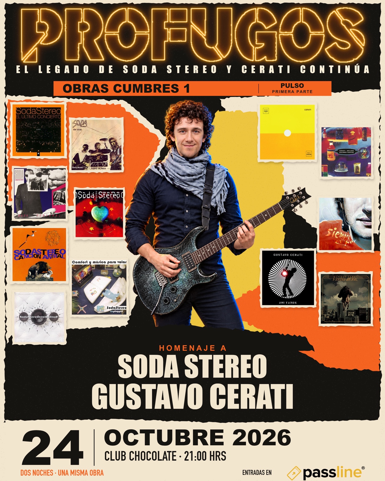 Afiche oficial de Obras Cumbres 1, PROFUGOS con su guitarra
