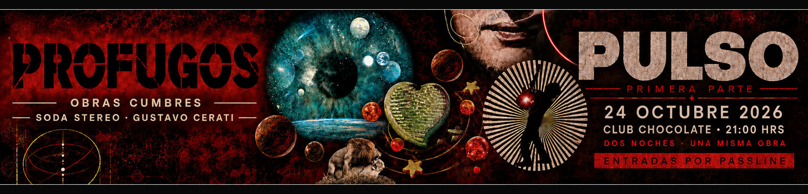 Composición panorámica original de PULSO con ojo cósmico, planetas, corazón y silueta radial
