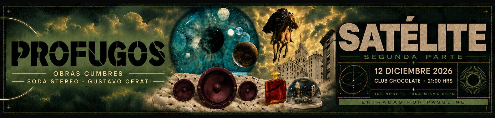 Composición panorámica original de SATÉLITE con ojo cósmico, ciudad, caballo, parlantes, perfume y esfera